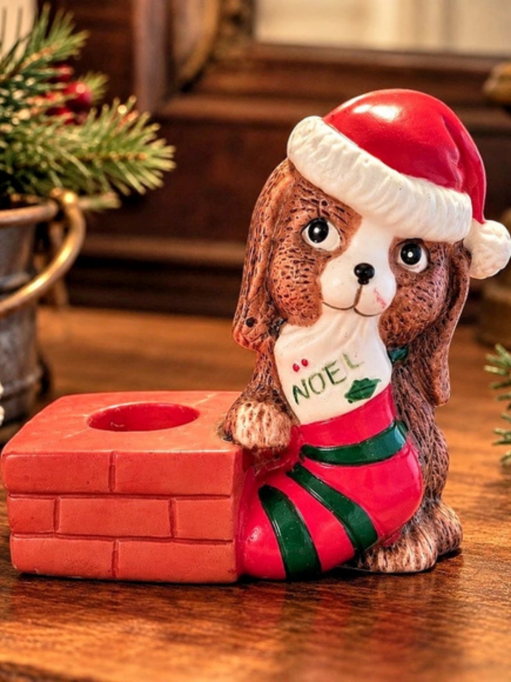 Vintage 1980s J.S.N.Y. Noel Dog Ceramic Christmas Candle Holder